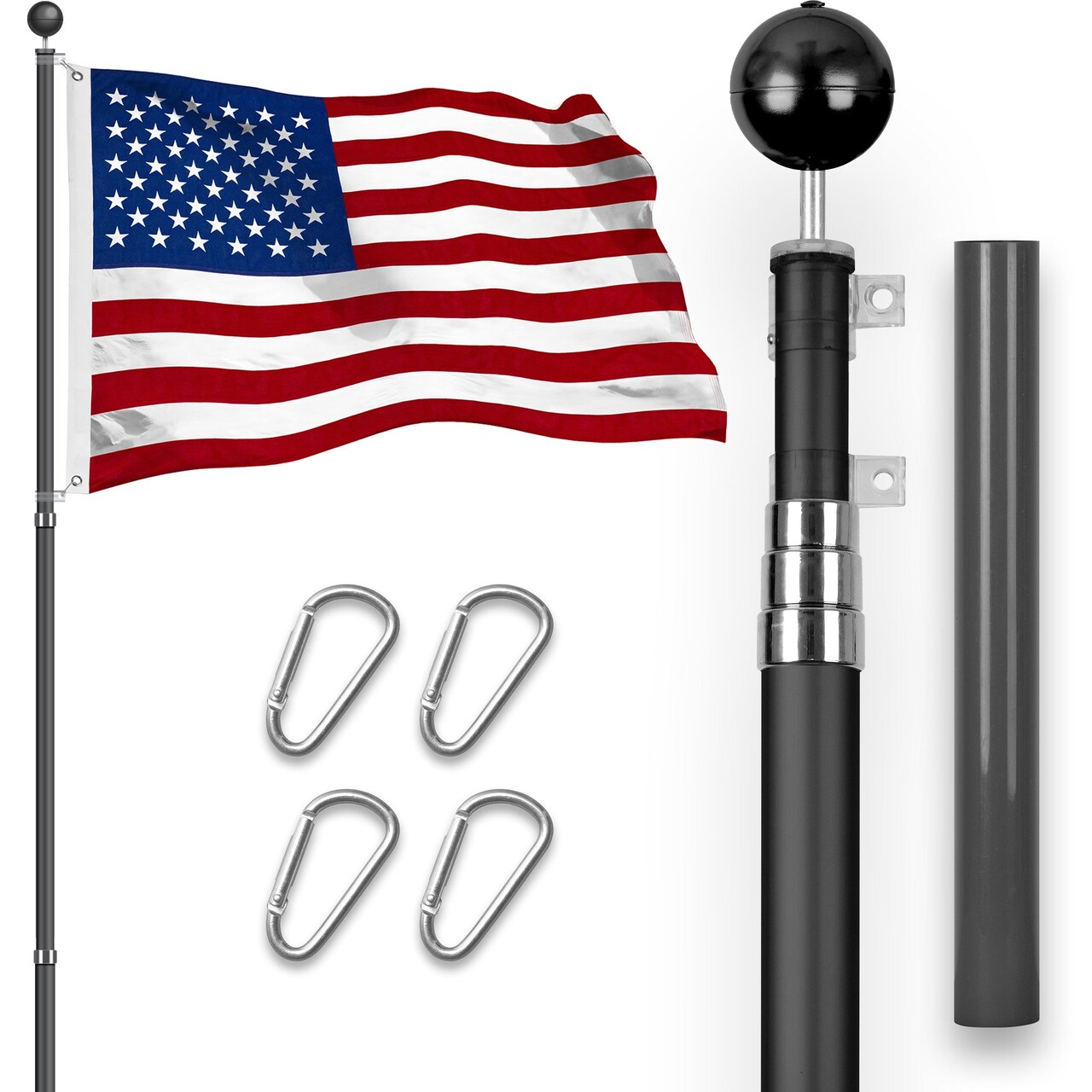 G128 Combo Pack: 16 Ft Telescoping Aluminum Flagpole (Black) & American USA Flag 2x3 Ft, StormFlyer Series Embroidered 220GSM Spun Polyester | Pole with Flag Included